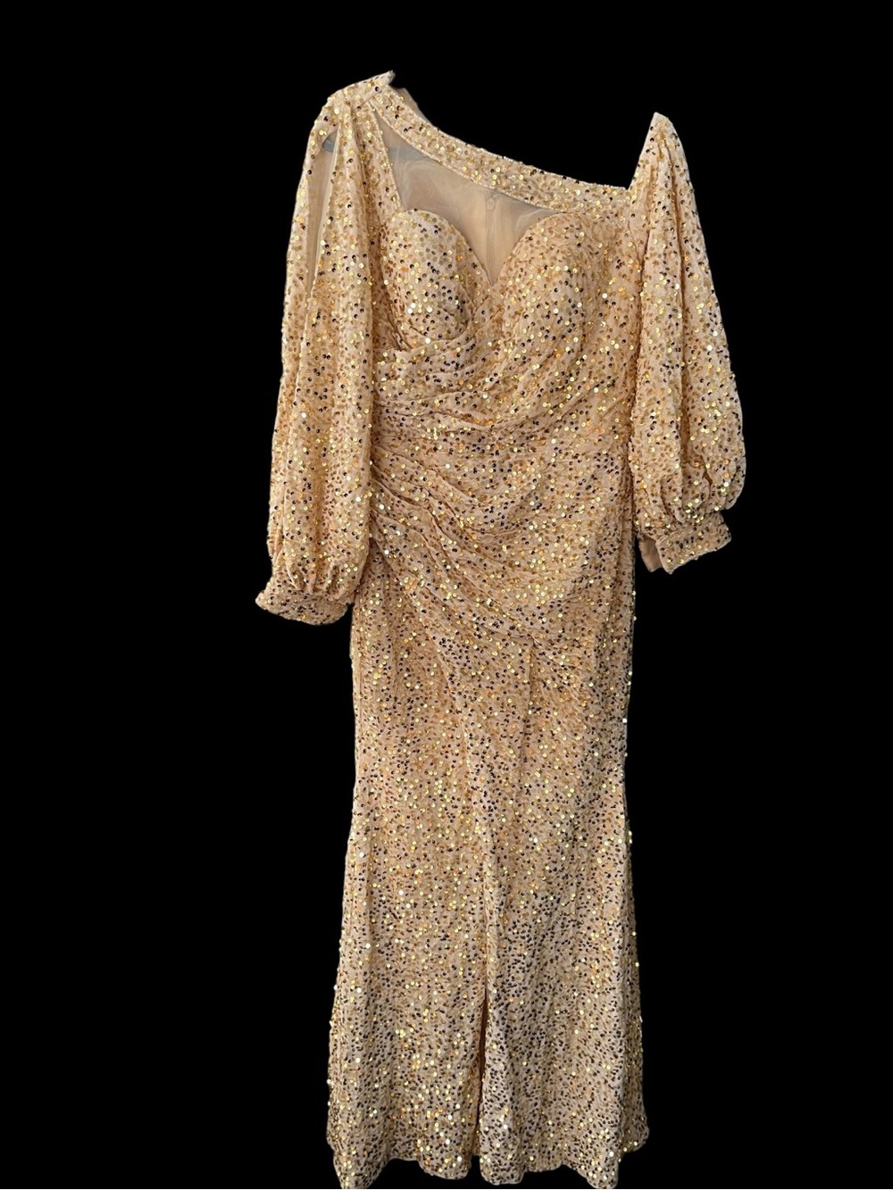 NWT LANTING BRIDE Gold Sequin Maxi Gown Sweetheart Long Sleeve Formal Dress